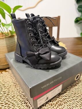 Vince Camuto girls' chunky combat boots with a satin bow